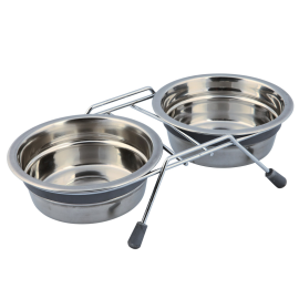 Set 2 Castroane Inox, Dispuse pe Suport Metalic, Pentru Caini si Pisici,  2x250ml