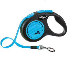 FLEXI New Classic Neon Albastru S, Lesa Retractabila cu Banda, Caini Maxim 15kg, 5m