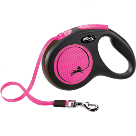 FLEXI New Classic Neon Roz M, Lesa Retractabila cu Banda, Caini Maxim 25kg, 5m