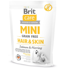 BRIT CARE Mini Grain Free Hair & Skin Adult, Somon si Herring, Hrana Uscata Hipoalergenica, Fara Cereale, Caine, Piele Sanatoasa | Blana Stralucitoare, 400g