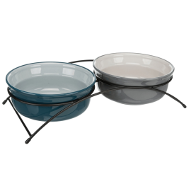 Ansamblu cu 2 Castroane Ceramice Pentru Caini Dispuse in Suport Metalic, 2x600ml