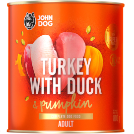 JOHN DOG Adult, cu Curcan, Rata si Dovleac, Conserva Hrana Umeda Fara Cereale Caine Adult 800g
