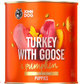 JOHN DOG Puppy, cu Curcan, Gasca si Dovleac, Conserva Hrana Umeda Fara Cereale Pui Catel 800g