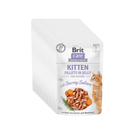 BRIT CARE Kitten Fillet in Jelly, cu Somon, Set Plicuri Hrana Umeda, Fara Cereale,  Pisici Junior (file in aspic) 12x85g