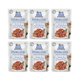 BRIT CARE Sterilized Fillet in Jelly, cu Rata si Curcan, Set Plicuri Hrana Umeda, Fara Cereale,  Pisici Sterilizate (file in aspic) 6x85g