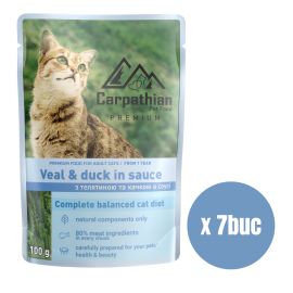 CARPATHIAN Premium, Set Plicuri Hrana Umeda Pisici Adulte, cu Vitel si Rata in Sos, 7x80g