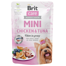 BRIT CARE MINI Adult, Pui si Ton, Plic Hrana Umeda Fara Cereale, Caine (fillet carne in sos) 85g