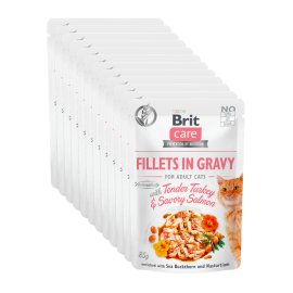 BRIT CARE Fillet in Gravy, Curcan si Somon, Set Plicuri Hrana Umeda, Fara Cereale,  Pisici (file in sos) 12x85g