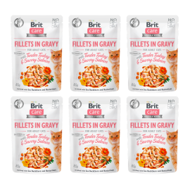 BRIT CARE Fillet in Gravy, Curcan si Somon, Set Plicuri Hrana Umeda, Fara Cereale,  Pisici (file in sos) 6x85g