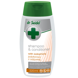 Dr SEIDEL Sampon Dermatologic Calmant 2 in 1, cu Iodofor, Pentru Caini si Pisici cu Piele Sensibila, Iritata, 220ml