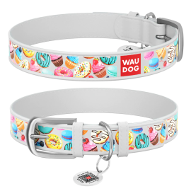 WAUDOG Design, Zgarda Piele Caini, cu Smart ID Tag, Model Donuts Alb, Marime M 30-39cm