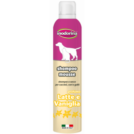 INODORINA Shampoo Mousse, cu Vanilie si Proteine din Lapte, Sampon Spuma Curatare Fara Apa Blana Caini si Pisici, 300ml