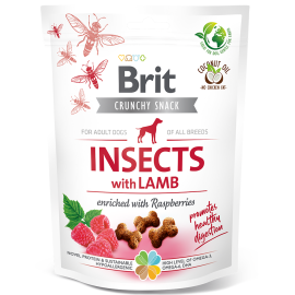 BRIT CARE Crunchy Snack, Insecte, Miel si Zmeura, Recompense Hipoalergenice, Fara Cereale, Caini, Digestie Optima, 200g
