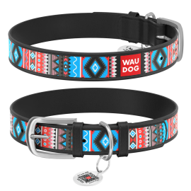 WAUDOG Design, Zgarda Piele Caini, cu Smart ID Tag, Model Etno Negru, Marime M 30-39cm