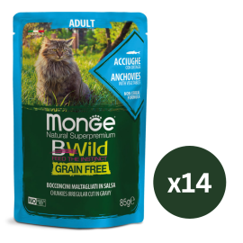 MONGE Natural BWild Adult Cat, cu Ansoa, Set Plicuri Hrana Umeda, Fara Cereale, Pentru Pisici (bucati carne in sos), 14x85g
