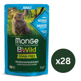 MONGE Natural BWild Adult Cat, cu Ansoa, Set Plicuri Hrana Umeda, Fara Cereale, Pentru Pisici (bucati carne in sos), 28x85g