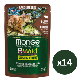 MONGE Natural BWild Adult Cat, cu Bivol, Set Plicuri Hrana Umeda, Fara Cereale, Pentru Pisici (bucati carne in sos), 14x85g