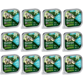 MONGE Natural BWild Adult Cat, cu Cod, Set Conserve Hrana Umeda Pentru Pisici (pateu fin), 12x100g