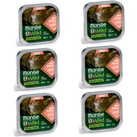MONGE Natural BWild Adult Cat, cu Somon, Set Conserve Hrana Umeda Pentru Pisici (pateu fin), 6x100g