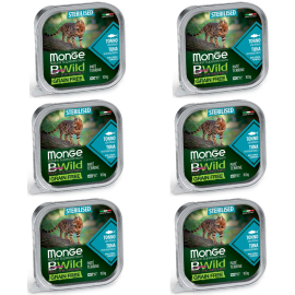 MONGE Natural BWild Sterelized Cat, cu Ton, Set Conserve Hrana Umeda Pentru Pisici Sterilizate (pateu fin), 6x100g