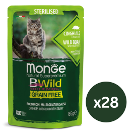 MONGE Natural BWild Sterilized Cat, cu Mistret, Set Plicuri Hrana Umeda, Fara Cereale, Pentru Pisici Sterilizate (bucati carne in sos), 28x85g