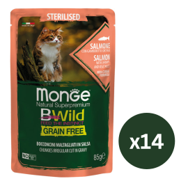 MONGE Natural BWild Sterilized Cat, cu Somon, Set Plicuri Hrana Umeda, Fara Cereale, Pentru Pisici Sterilizate (bucati carne in sos), 14x85g