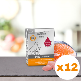 PLATINUM Menu Adult, Curcan si Somon, Bax Hrana Umeda Pentru Caini 12x185g
