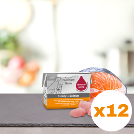 PLATINUM Menu Adult, Curcan si Somon, Bax Hrana Umeda Pentru Caini 12x90g