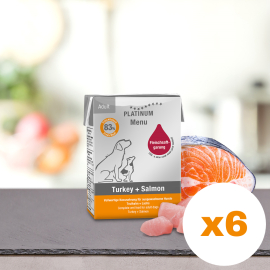 PLATINUM Menu Adult, Curcan si Somon, Bax Hrana Umeda Pentru Caini 6x185g