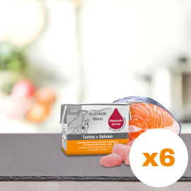 PLATINUM Menu Adult, Curcan si Somon, Bax Hrana Umeda Pentru Caini 6x90g