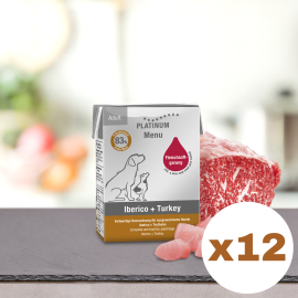 PLATINUM Menu Adult, Porc Iberic si Curcan, Bax Hrana Umeda Pentru Caini, 12x185g