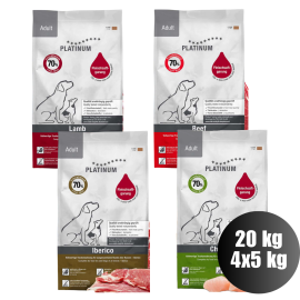PLATINUM Natural Pet Food & Care Adult Pack, Hrana Uscata Pentru Caini, Pui, Miel, Vita si Porc Iberic, 20kg