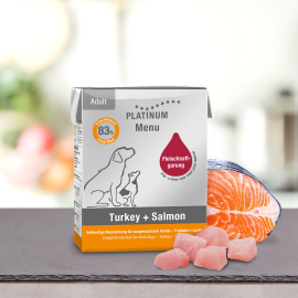 PLATINUM Menu Adult, Curcan si Somon, Hrana Umeda Pentru Caini 375g