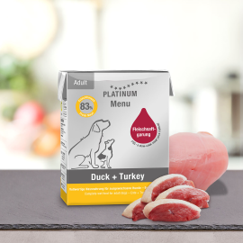 PLATINUM Menu Adult, Rata si Curcan, Hrana Umeda Pentru Caini 375g