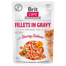 BRIT CARE Fillet in Gravy, Somon, Plic Hrana Umeda, Fara Cereale,  Pisici (file in sos) 85g