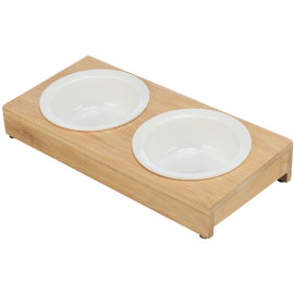 Set 2 Boluri Ceramice Albe in Suport din Lemn de Bambus, Pentru Caini sau Pisici 2x250ml