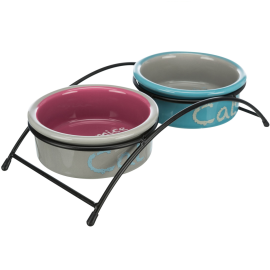 Set 2 Castroane Ceramice pe Suport Metalic Pentru Pisici, 2x0.3L | 12cm