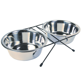 Set 2 Castroane Inox Pentru Caini si Pisici, in Suport Metalic, 0.2L