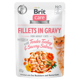BRIT CARE Fillet in Gravy, Curcan si Somon, Plic Hrana Umeda, Fara Cereale,  Pisici (file in sos) 85g